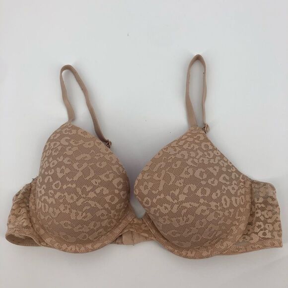 PINK Victoria’s Secret Wear Everywhere Push Up Bra 34B Tan Nude Leopard Lace - Picture 1 of 9